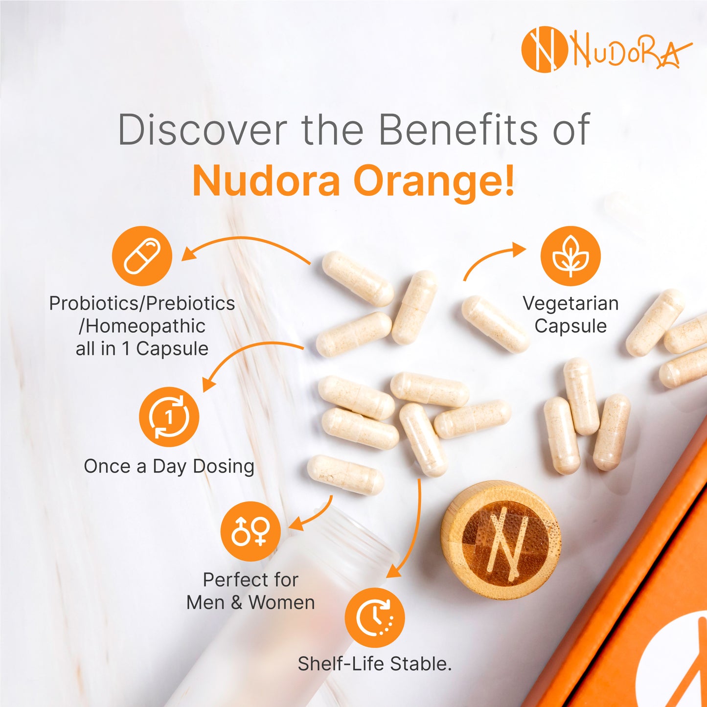 Nudora Orange: Daily Probiotic with Dihydroberberine (DHB), Ginger & Green Tea - Enhances Wellness, Supports Digestive Health, Boosts Energy, Help with Weight Loss & Reduce Pain & Inflammation